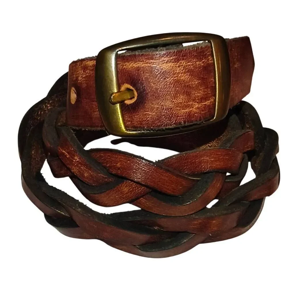 Bohemian Bojo Woven Leather Belt Brown Classic Vintage aged brass Size 28 Plait